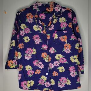 Lauren Ralph Lauren Women's Pajama Top Spring Floral Navy Blue Logo Size M Vntg